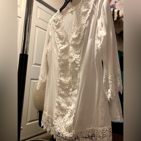 Solitaire White Swimsuit Cover Up Tunic Top 3/4 Sleeve SZ M. - Picture 1 of 9
